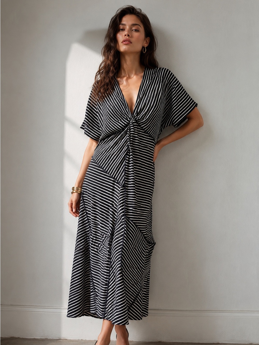 R.G. Kane Midi Dress Twist Front Stripped Size Small Short Sleeve Asymmetrical